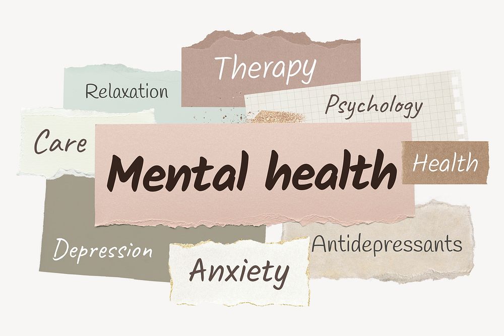 Mental health word, ripped paper typography psd