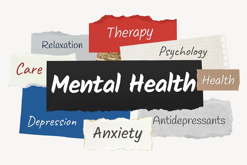 Mental health word, colorful ripped paper typography psd