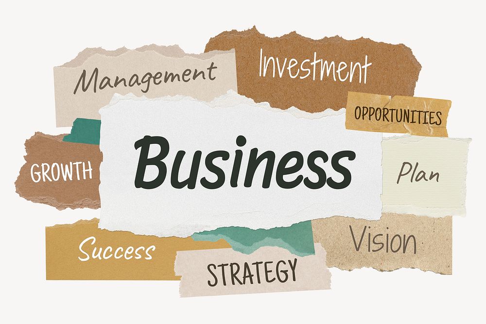 Business word, ripped paper typography psd