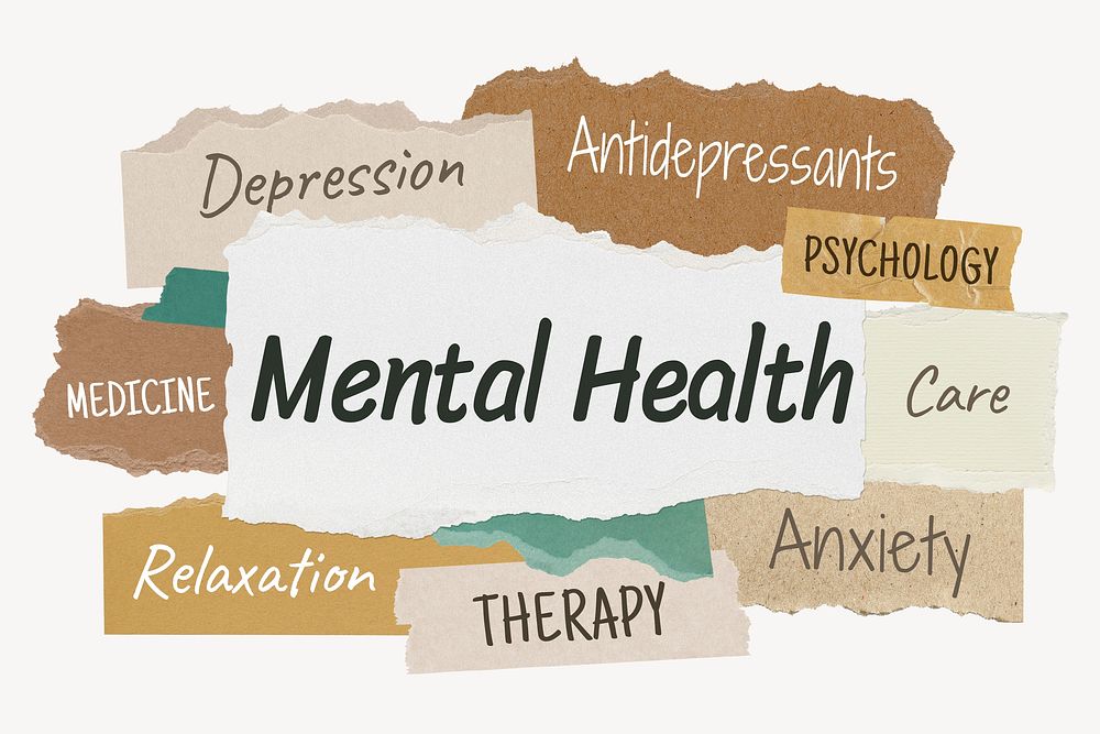 Mental health word, ripped paper typography psd
