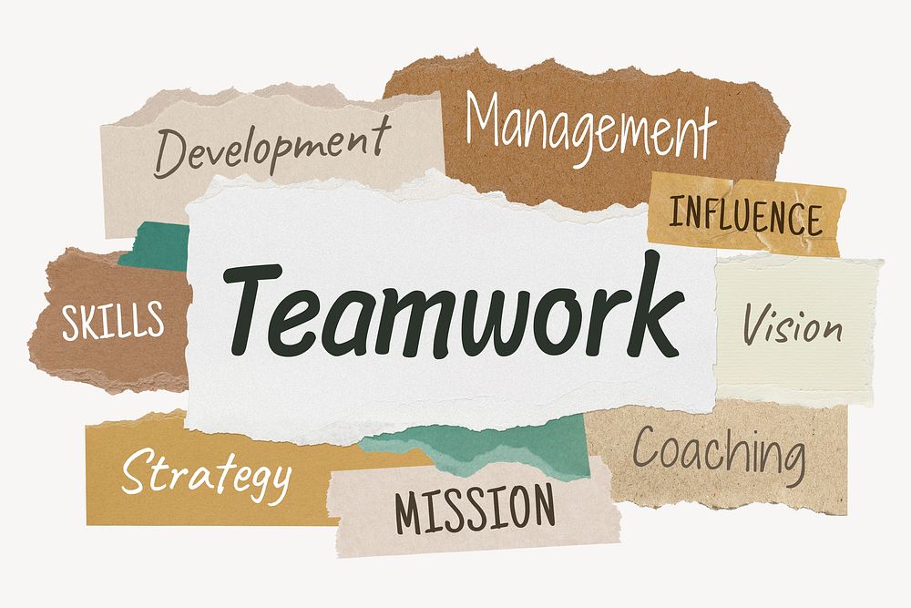 Teamwork word, earth tone, ripped paper, typography