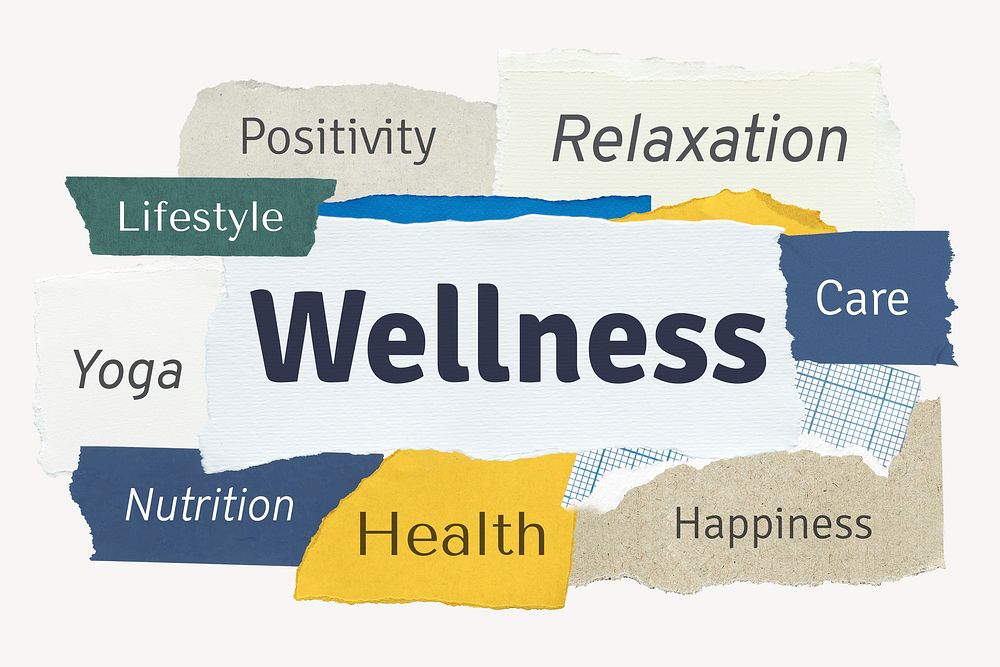 Wellness word, torn paper typography psd