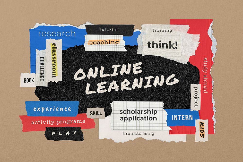 Online learning word, colorful ripped paper, typography