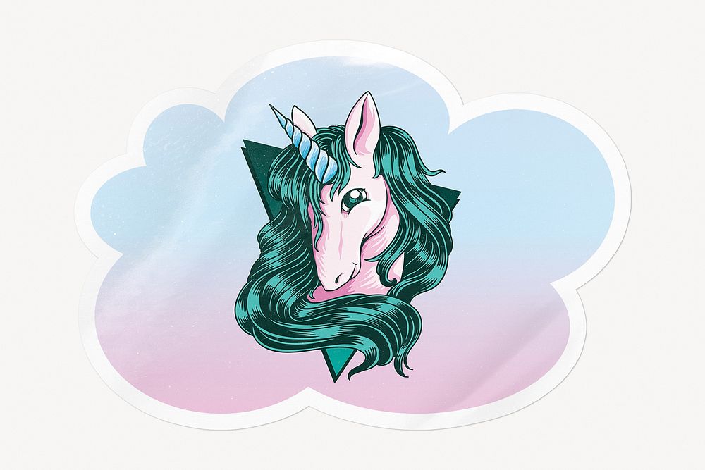 Unicorn cloud badge, mythical creature isolated image