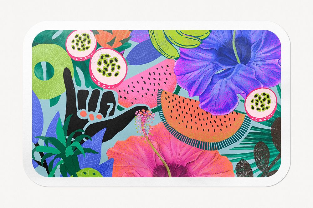 Exotic tropical pattern rectangle badge, fruits and flowers isolated image