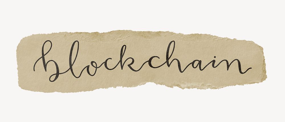 Blockchain word, torn craft paper typography