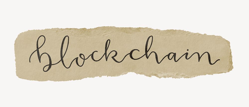 Blockchain word, torn craft paper typography psd