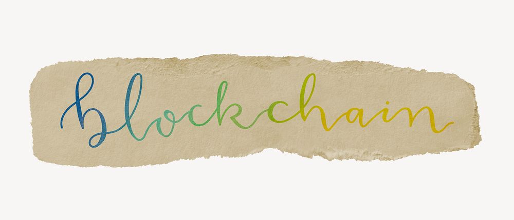 Blockchain word, torn craft paper typography psd