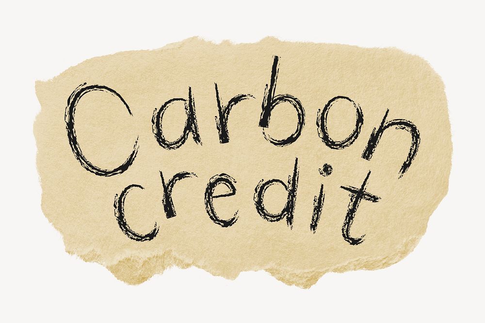 Carbon credit word, torn craft paper typography psd