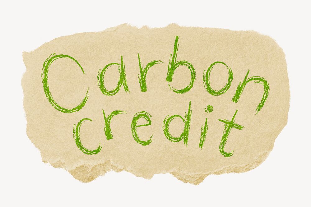 Carbon credit word, torn craft paper typography psd