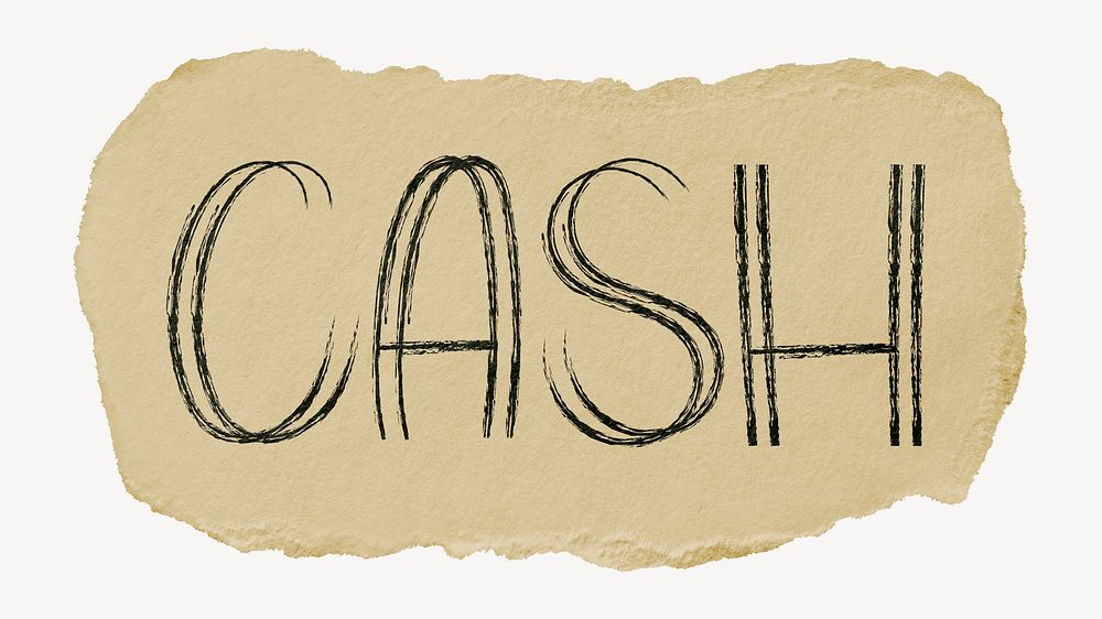 Cash word, torn craft paper typography