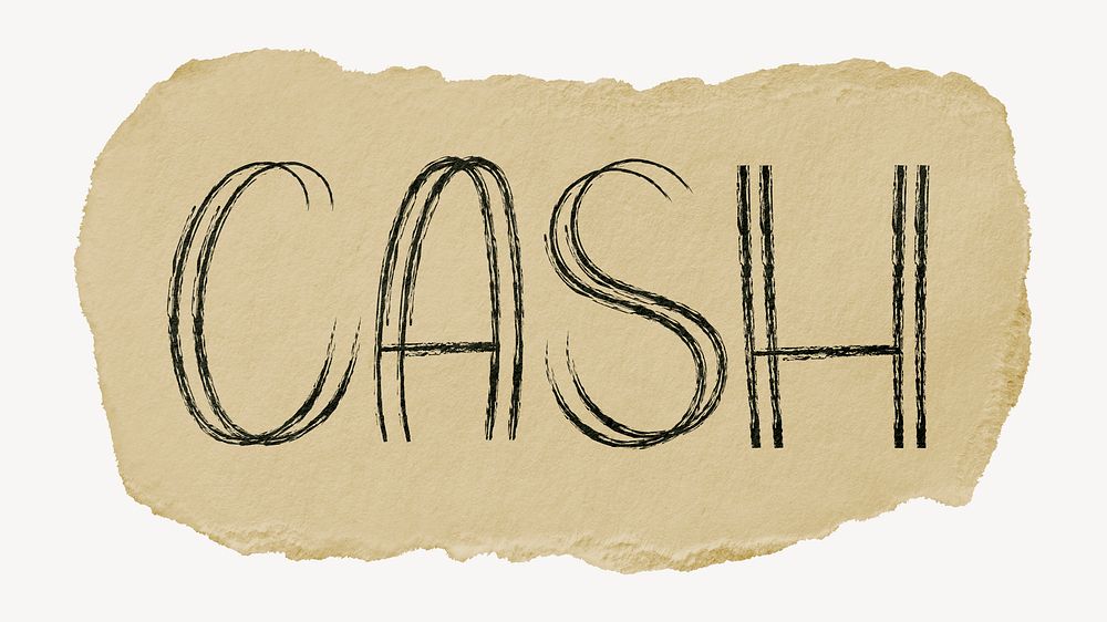Cash word, torn craft paper typography psd