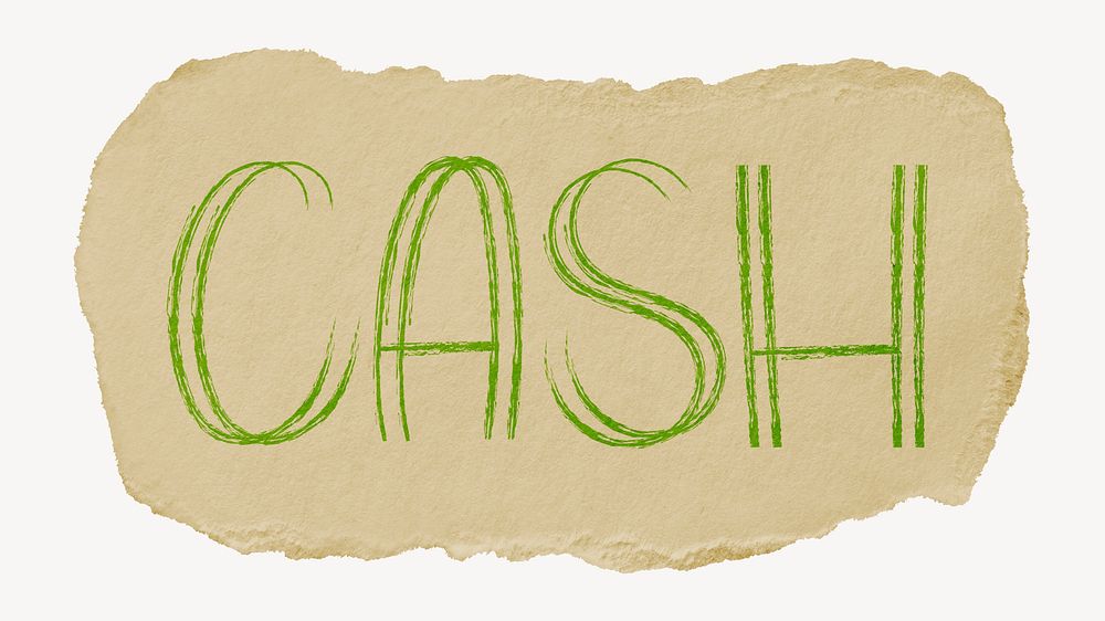 Cash word, torn craft paper typography psd