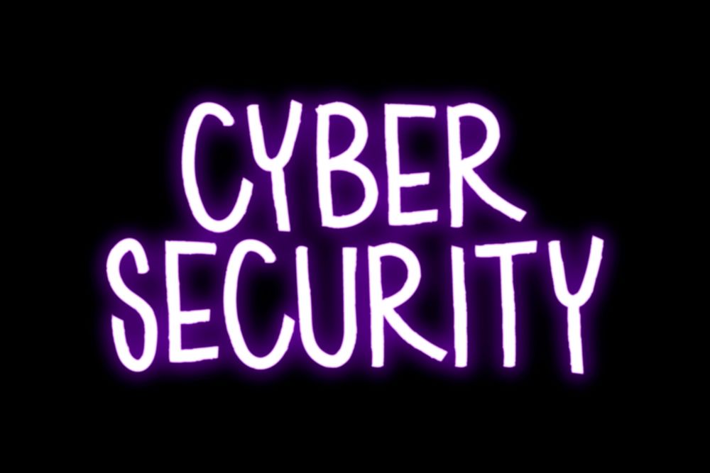 Cyber security word, doodle neon typography