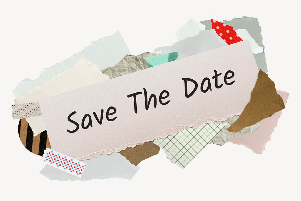 Save the date word, aesthetic paper collage typography