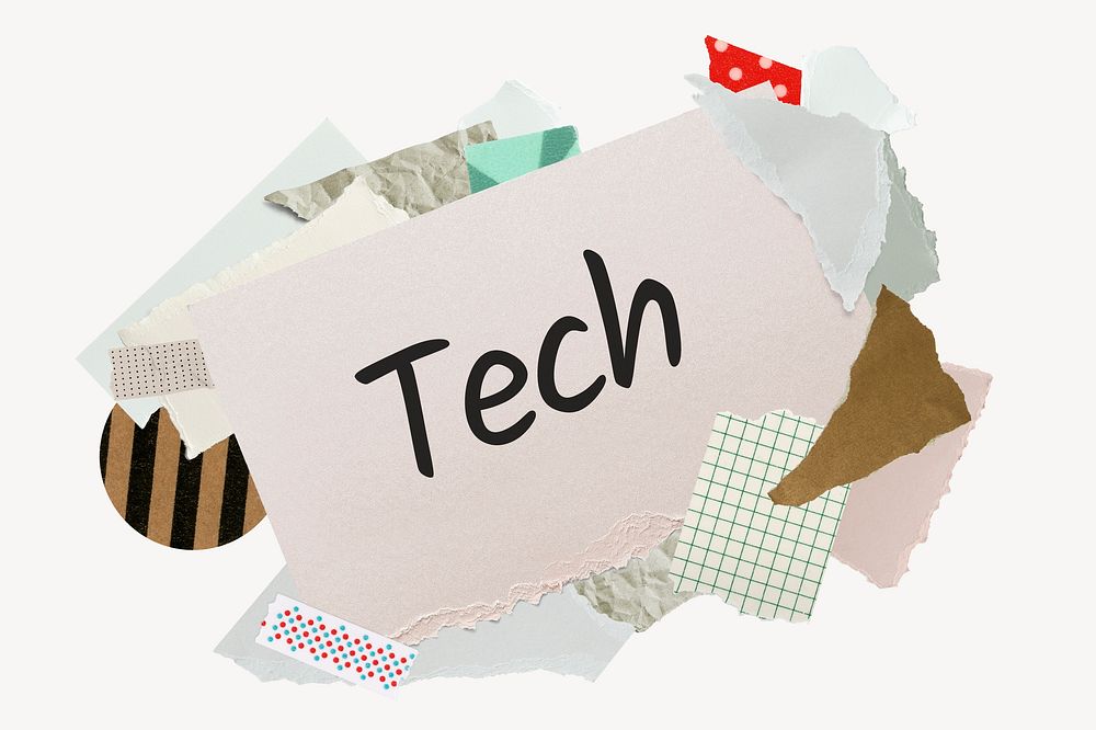Tech word, aesthetic paper collage typography