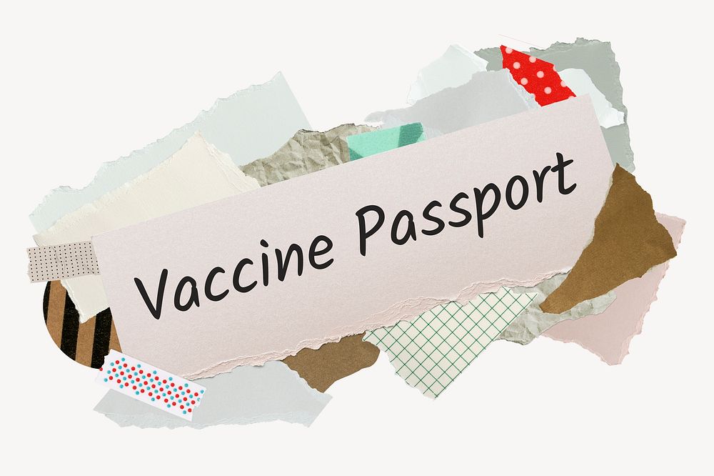 Vaccine passport word, aesthetic paper collage typography