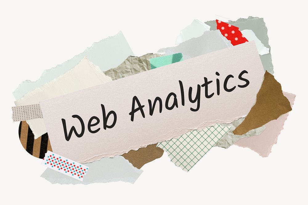 Web analytics word, aesthetic paper collage typography
