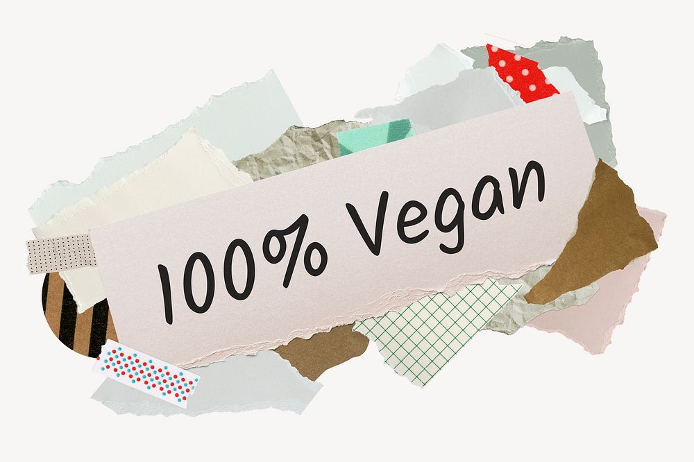 100% vegan word, aesthetic paper collage typography
