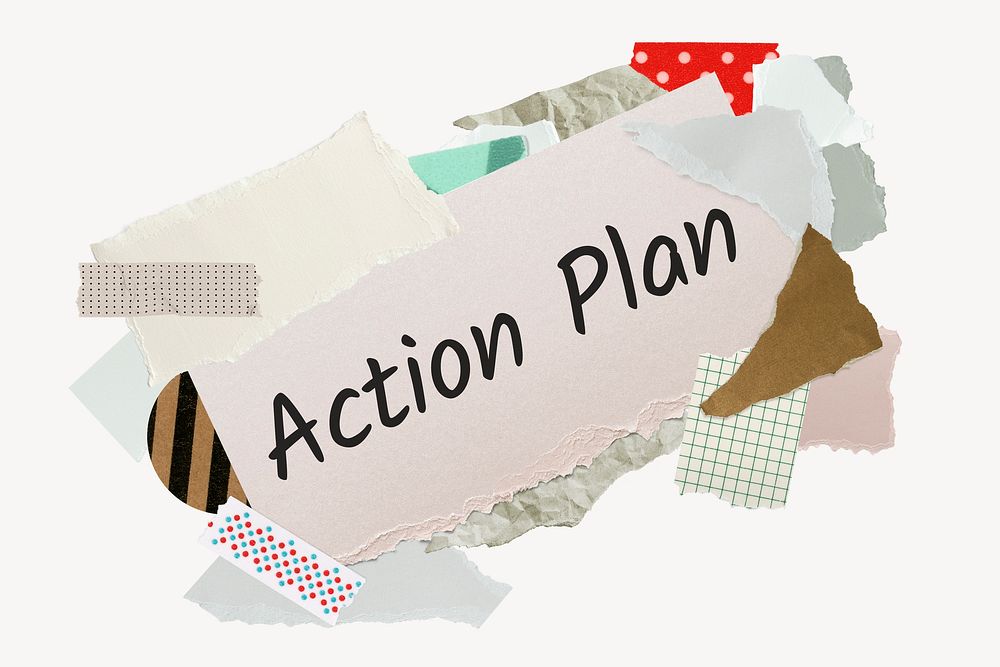 Action plan word, aesthetic paper collage typography