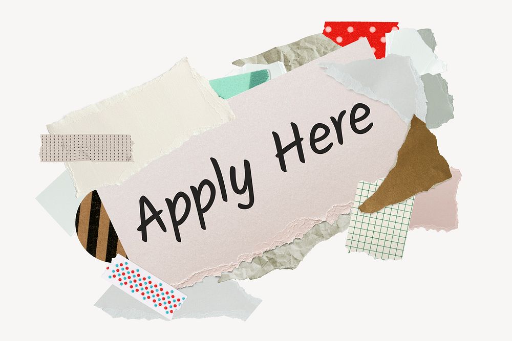 Apply here word, aesthetic paper collage typography