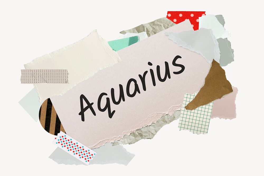 Aquarius word, aesthetic paper collage typography