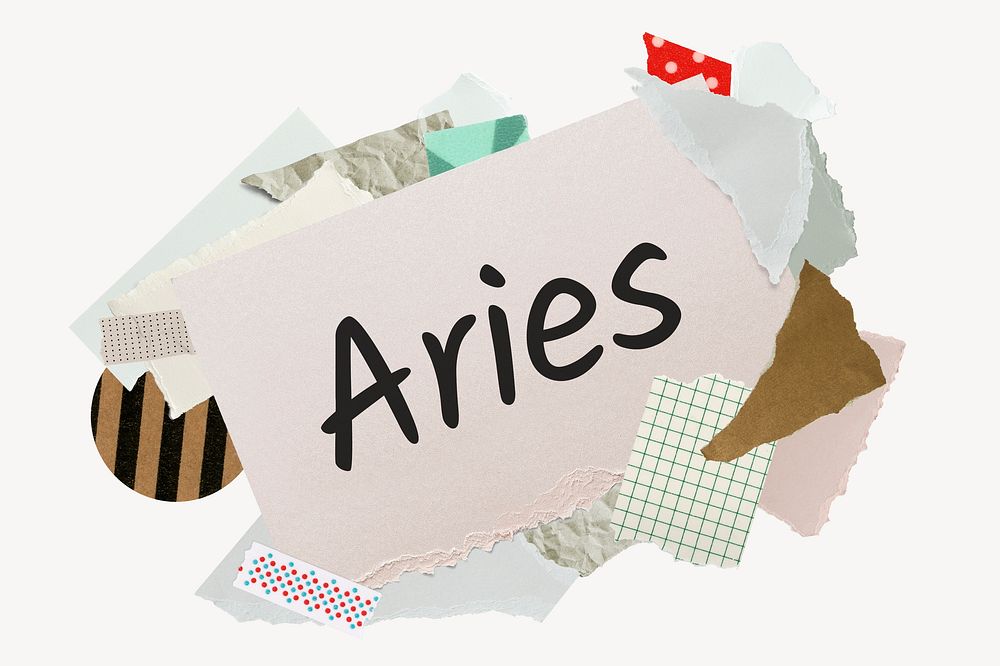 Aries word, aesthetic paper collage typography