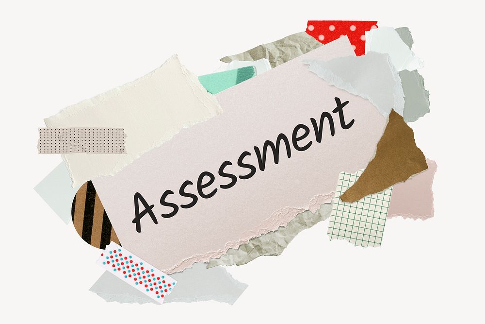 Assessment word, aesthetic paper collage typography