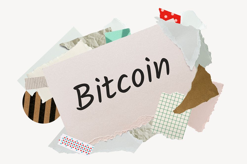 Bitcoin word, aesthetic paper collage typography