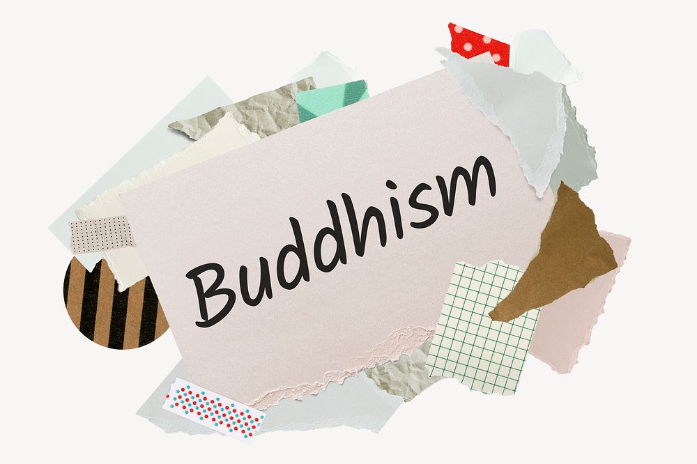 Buddhism word, aesthetic paper collage typography