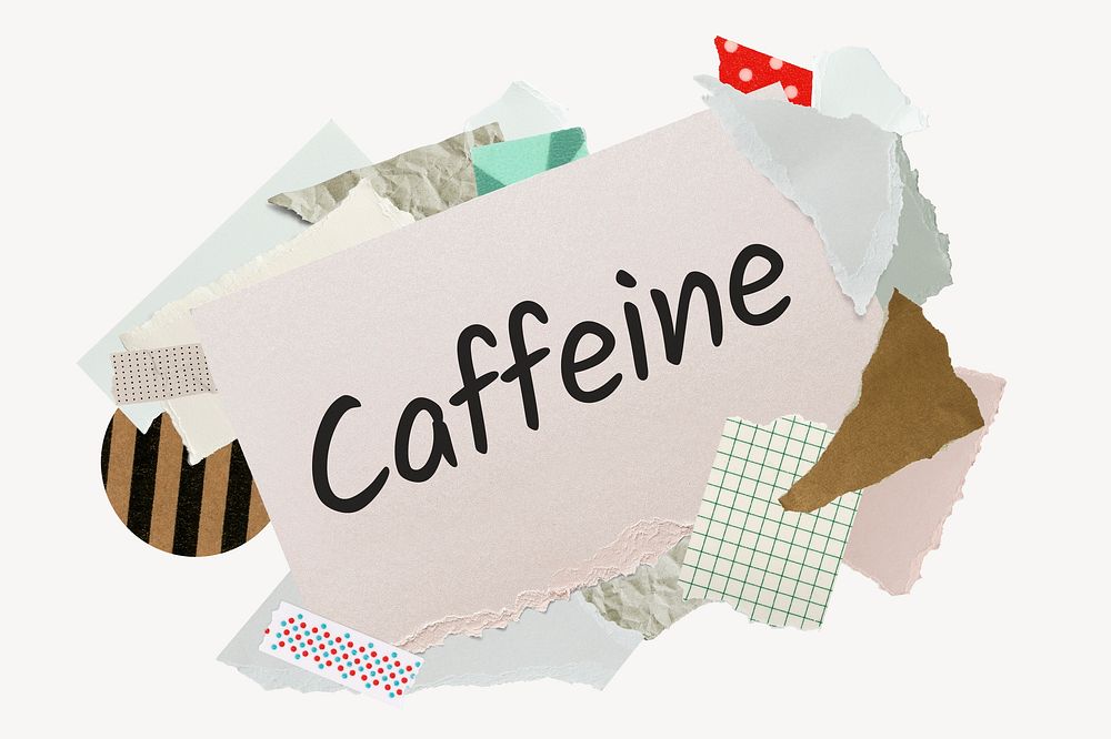 Caffeine word, aesthetic paper collage typography