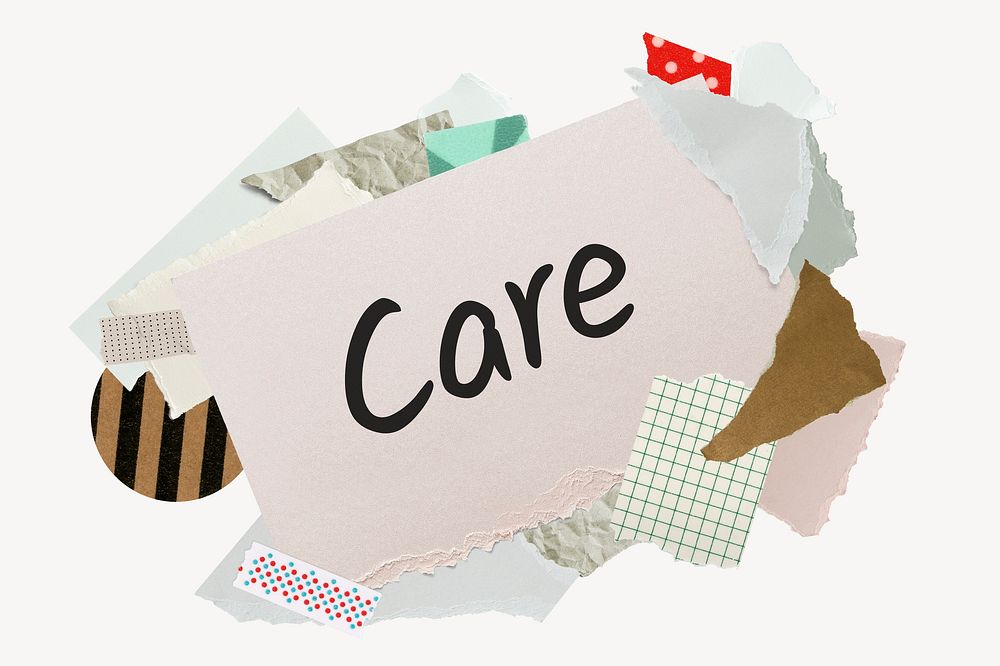Care word, aesthetic paper collage typography