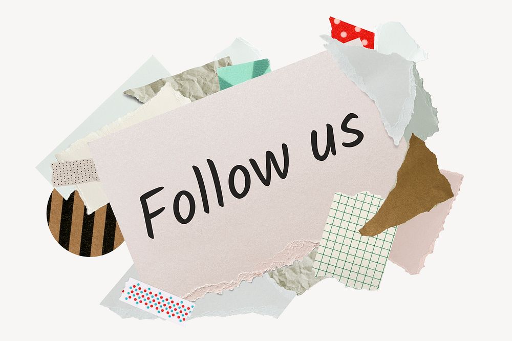 Follow us word, aesthetic paper collage typography