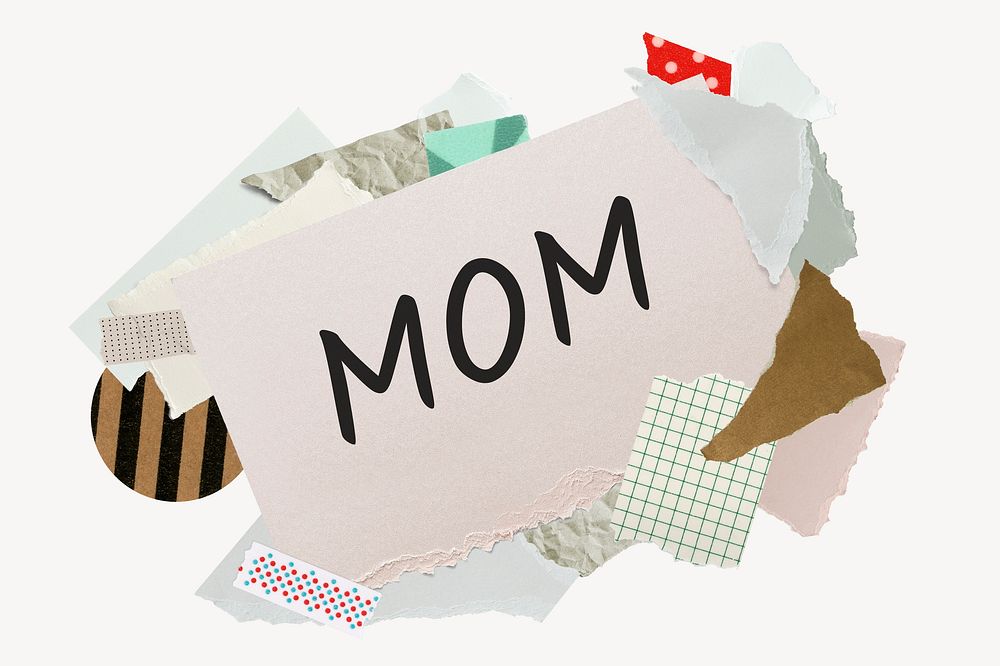 Mom word, aesthetic paper collage typography