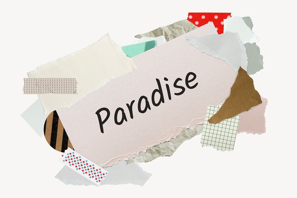 Paradise word, aesthetic paper collage typography