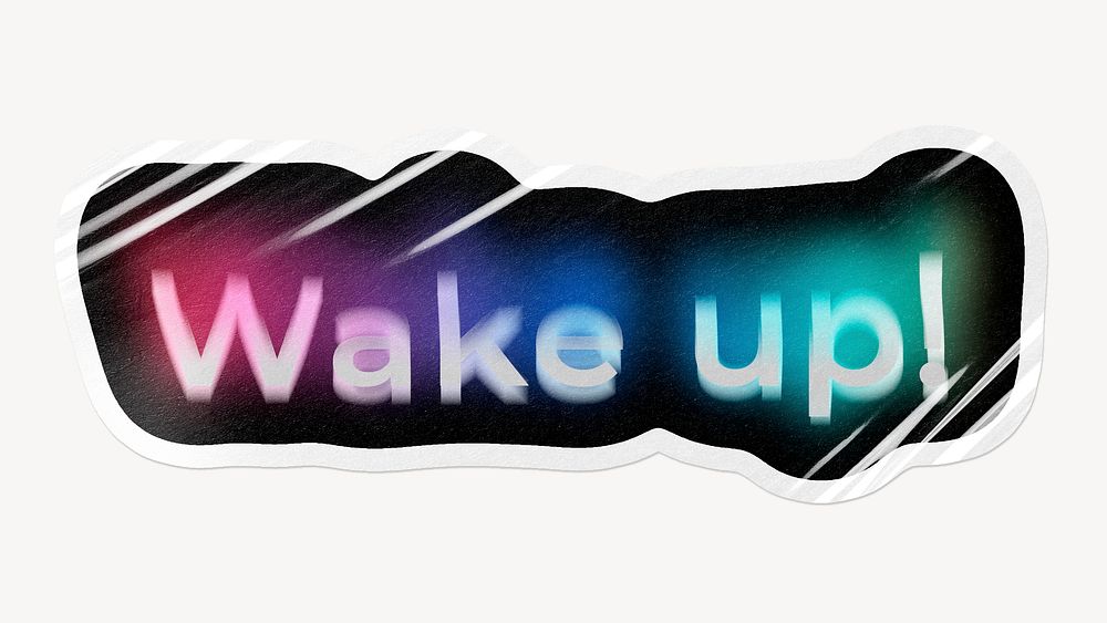 Wake up! word sticker, neon psychedelic typography
