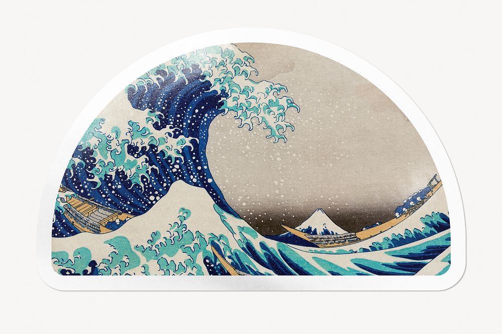 Hokusai's The Great Wave off Kanagawa, semicircle white border label, remixed by rawpixel.
