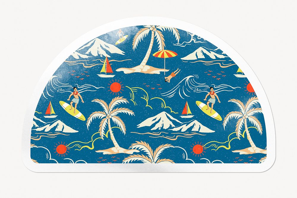 Summer vacation pattern, tropical island and sea sticker in semicircle clipart with white border