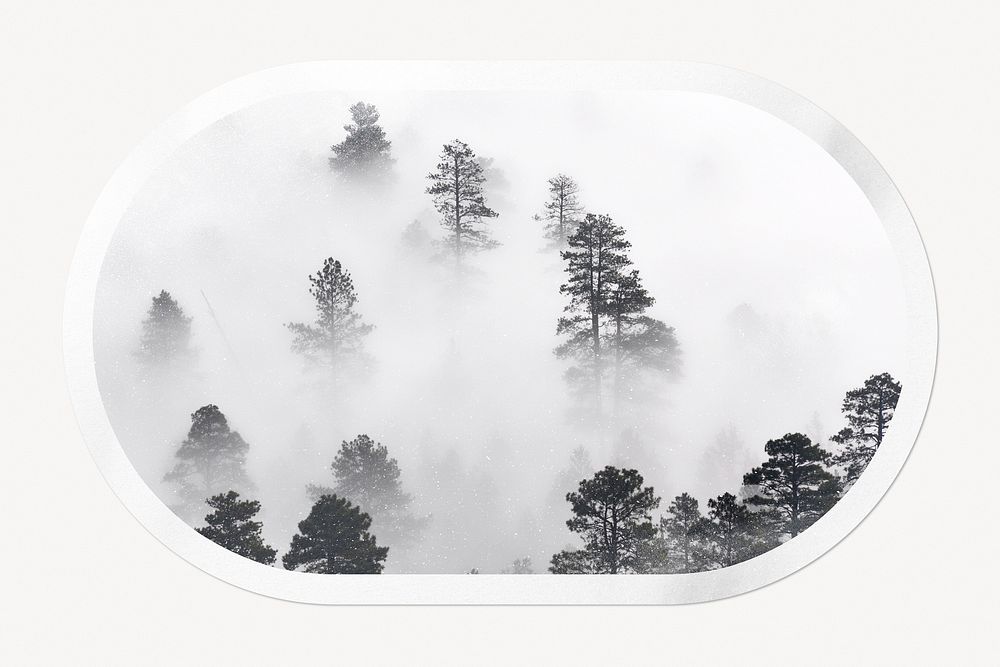 Foggy forest in black and white, oval rectangle clipart with white border