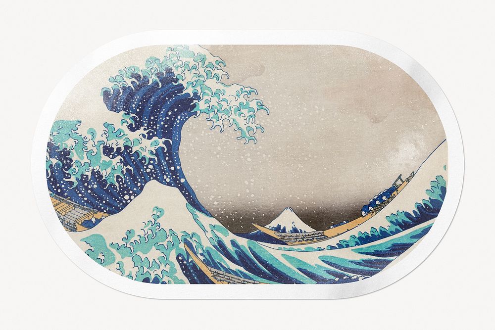 Hokusai's The Great Wave off Kanagawa, oval rectangle white border label, remixed by rawpixel.