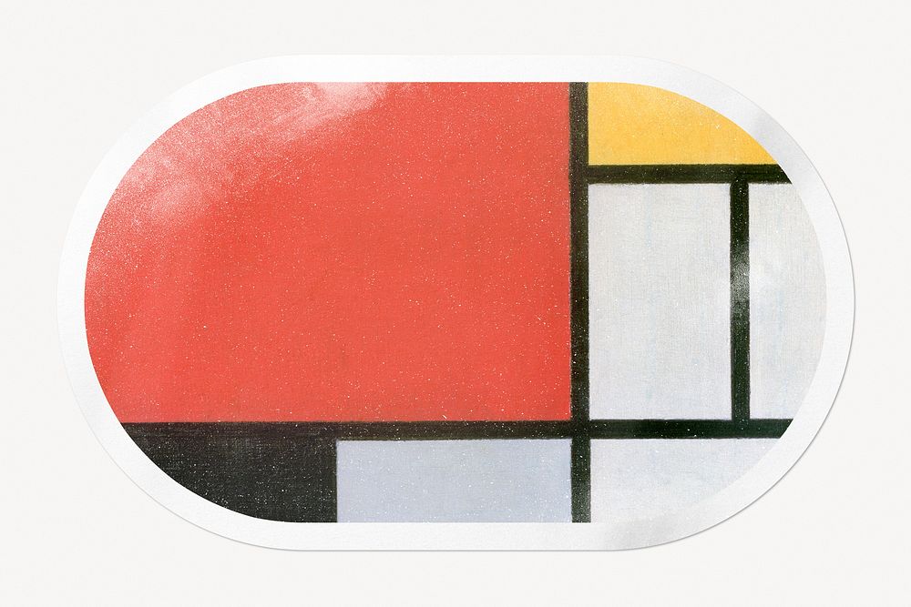 Piet Mondrian's red and yellow composition painting, oval clipart with white border, remixed by rawpixel.