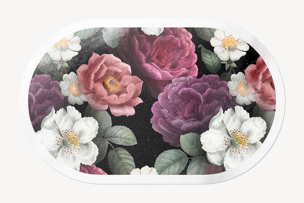 Flower vintage illustration, beautiful botanical sticker, rectangle oval with white border