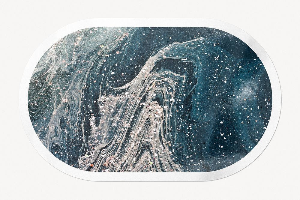 Blue marble texture, fluid art sticker, oval rectangle with white border label