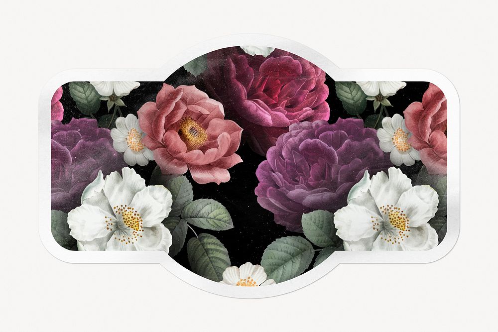 Flower vintage illustration, beautiful botanical sticker, badge shape clipart with white border