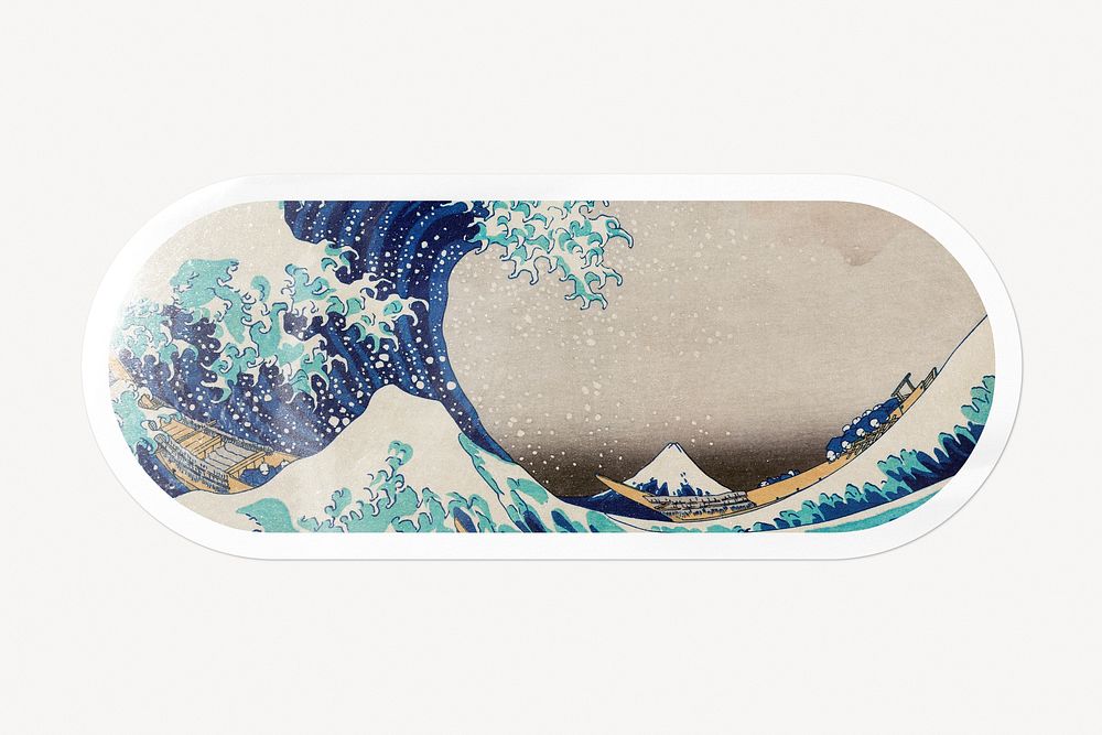 Hokusai's The Great Wave off Kanagawa, long oval white border label, remixed by rawpixel.