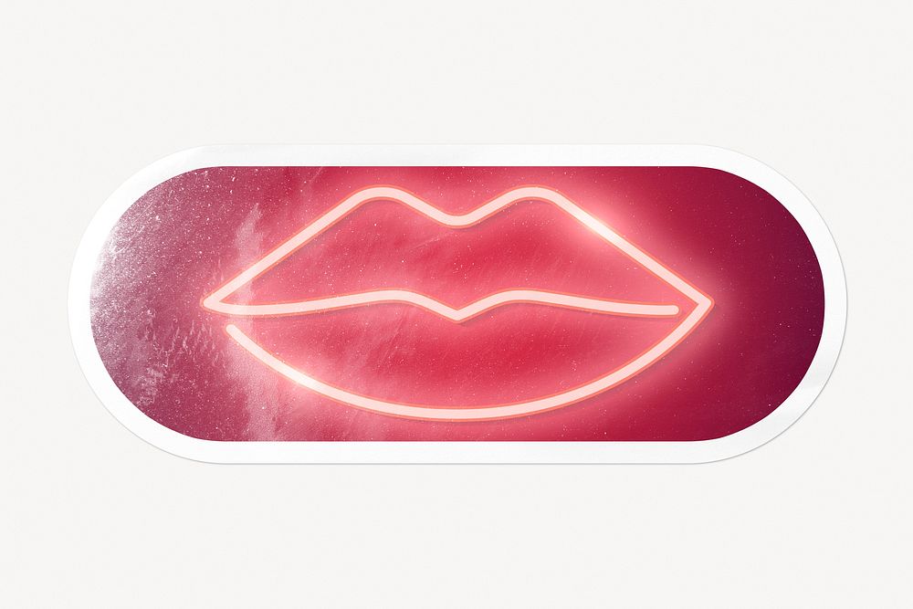 Sexy lips neon sign, long oval shape white border label