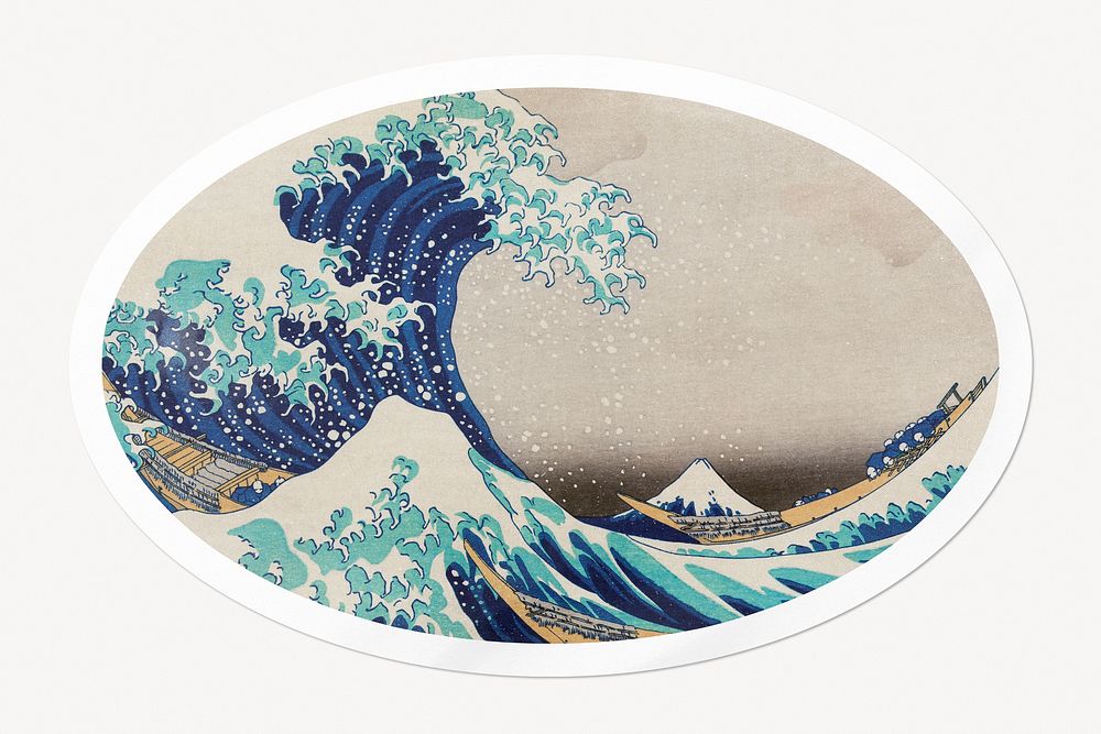 Hokusai's The Great Wave off Kanagawa, oval white border label, remixed by rawpixel.