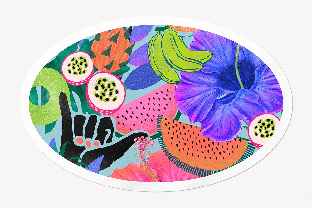 Funky tropical summer illustration clipart, oval with white border label