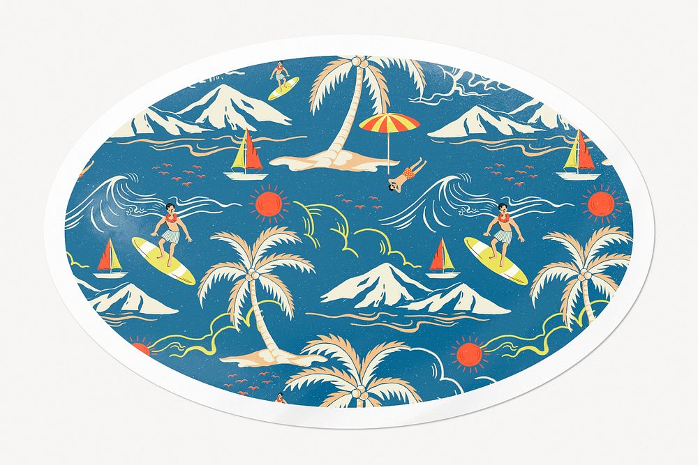 Summer vacation pattern, tropical island and sea sticker in oval clipart with white border