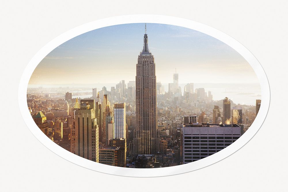 City skyline sticker, financial district skyscrapers, oval clipart with white border